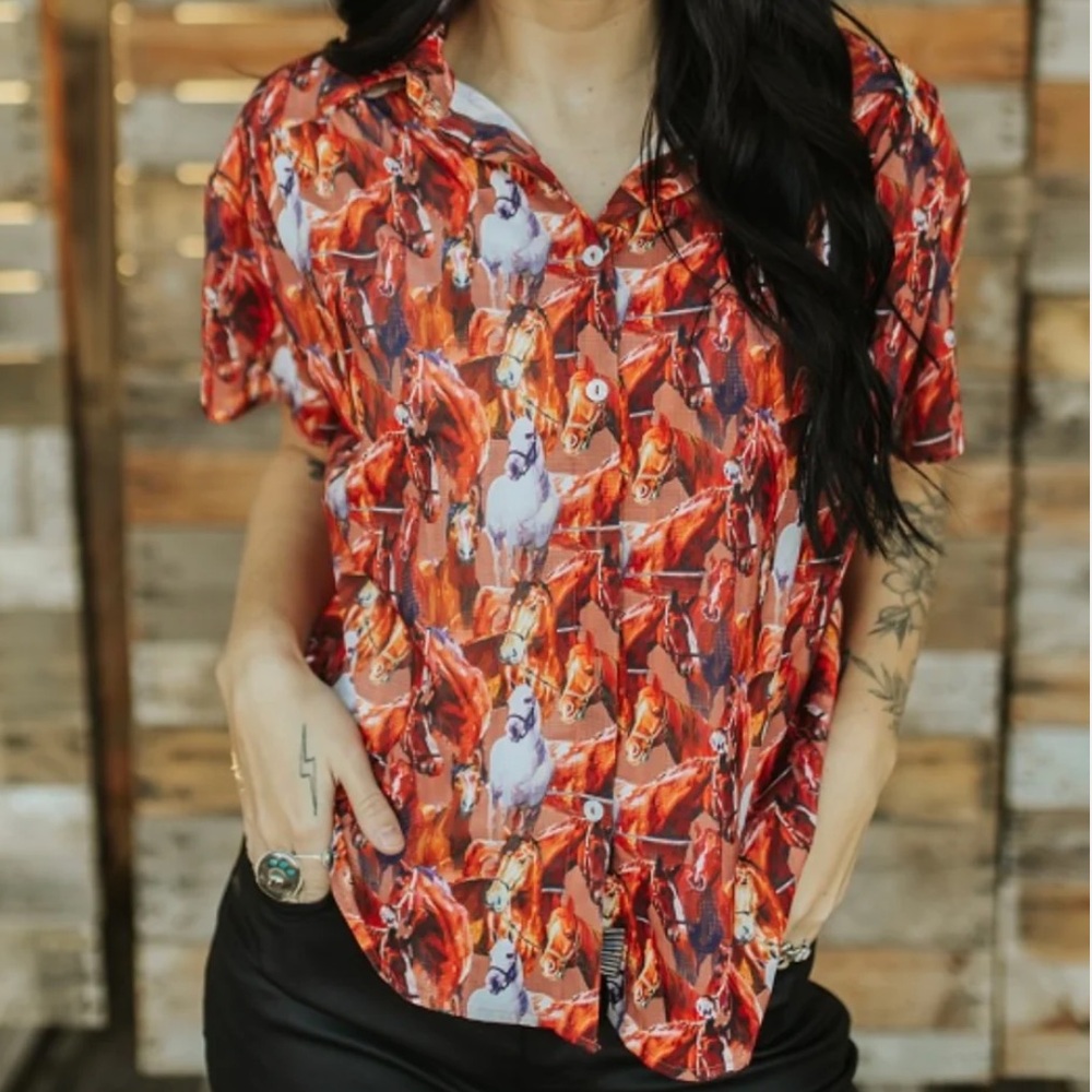 Women Red Horse Print Shirt